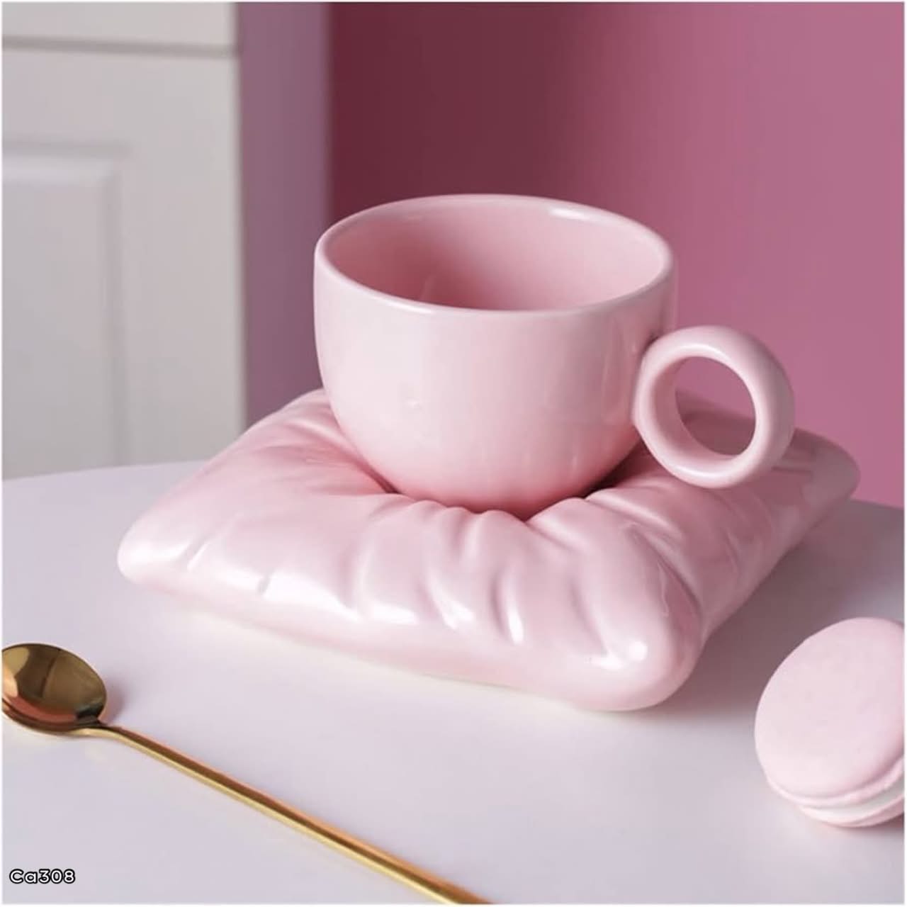 Taza plato cojin rosado ceramica 220ml